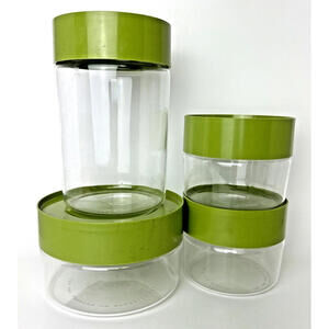 Vintage PYREX See N' Store Avocado Green Glass Stackable Canister Jars USA Set 4